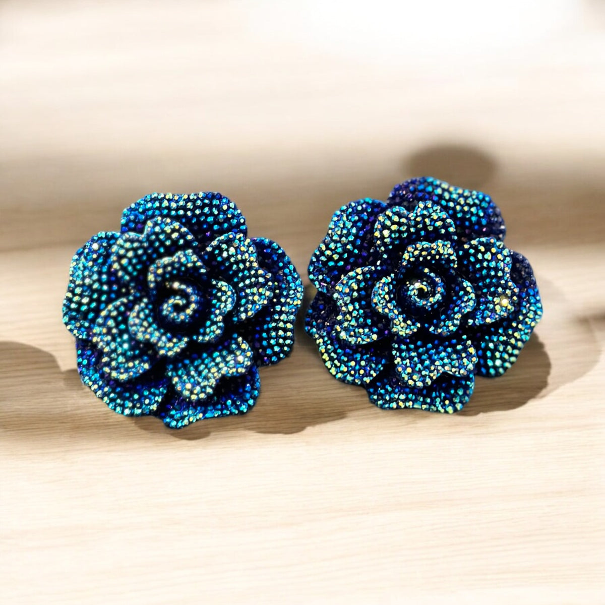 Blue Rhinestone Chunky Flower Earrings